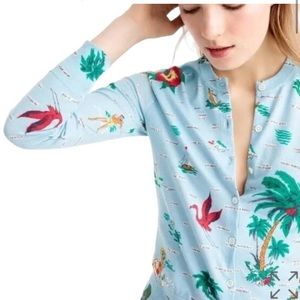 J CREW Jackie Cardigan Florida Vintage Print Blue Button Sweater Cotton Size M